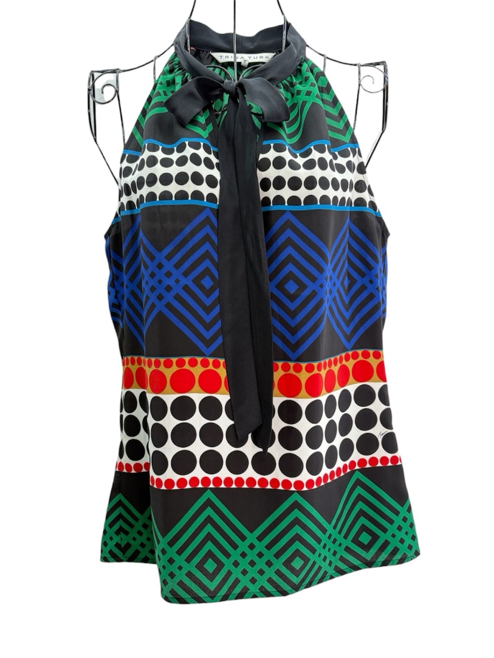 Trina Turk Bold Multicolor Geo Dotted Halter Tie Neck Top Size P